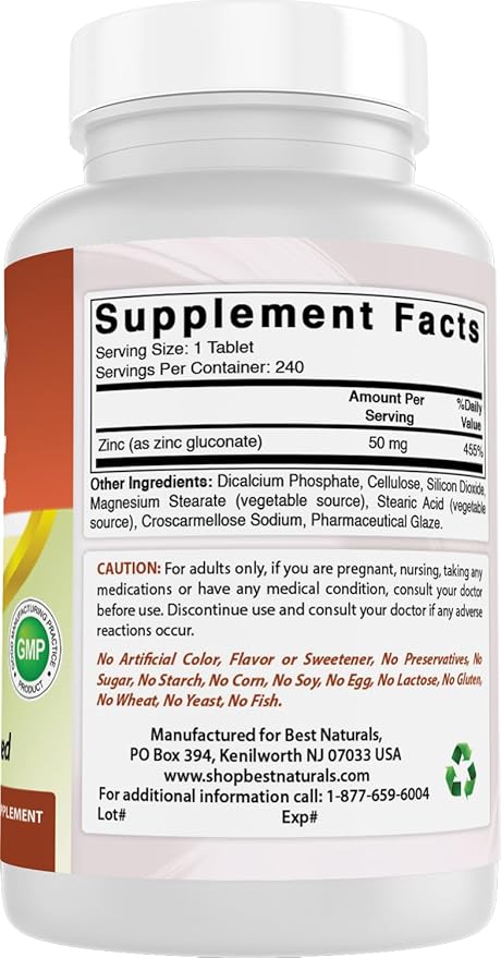 Best Naturals Zinc Supplement as Zinc Gluconate 50mg 240 Tablets Pack of 2