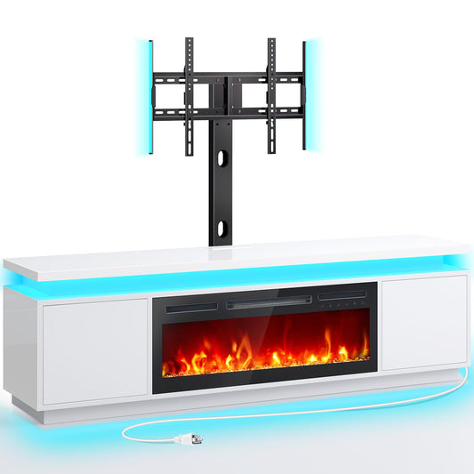 Rolanstar Fireplace TV Stand with Led Lights and Power Outlets, TV Stand Mount with 36" Electric Fireplace, White Entertainment Center for 45/50/55/60/65/70 inch TVs, Modern TV Console for Living Room