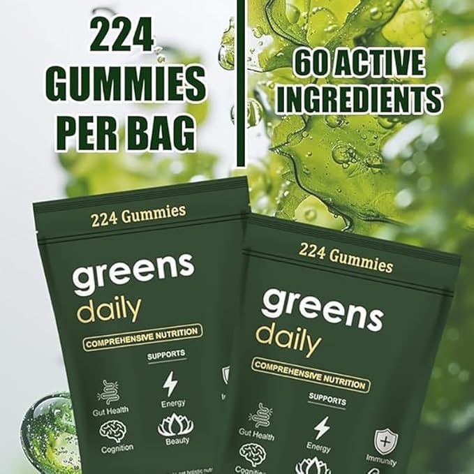Greens Gummies, Daily Greens Gummies with Chlorella and Spirulina, Digestive & Gut Health, Multi-Vitamins & Minerals, 224 Gummy Bear