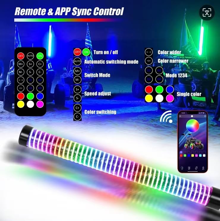 JXOFROAD 2PC COB Fat Whip Lights with Reverse &Turning & Brake light ，Remote & App Smart Control，Spiral RGB Chasing LED for Polaris RZR, Can-Am Maverick X3, Universal Fit for SXS, UTV, ATV, Boat (2FT)