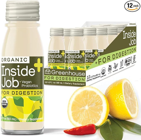 Greenhouse Juice Organic Inside Job Wellness Shots, Cold Pressed Digestive Aid with Apple Cider Vinegar, Lemon, and Cayenne Immunity Shots Juice Vegan & Gluten-Free (2 Oz, Pack of 12)