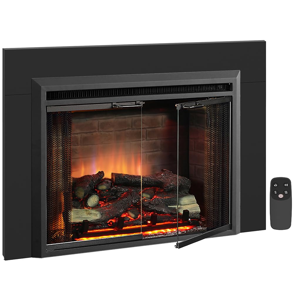 PuraFlame Klaus 30” Electric Fireplace Insert with Trim Kit, Fire Crackling Sound, Resin Log, Glass Door and Mesh Screen, 750/1500W Heater, Black