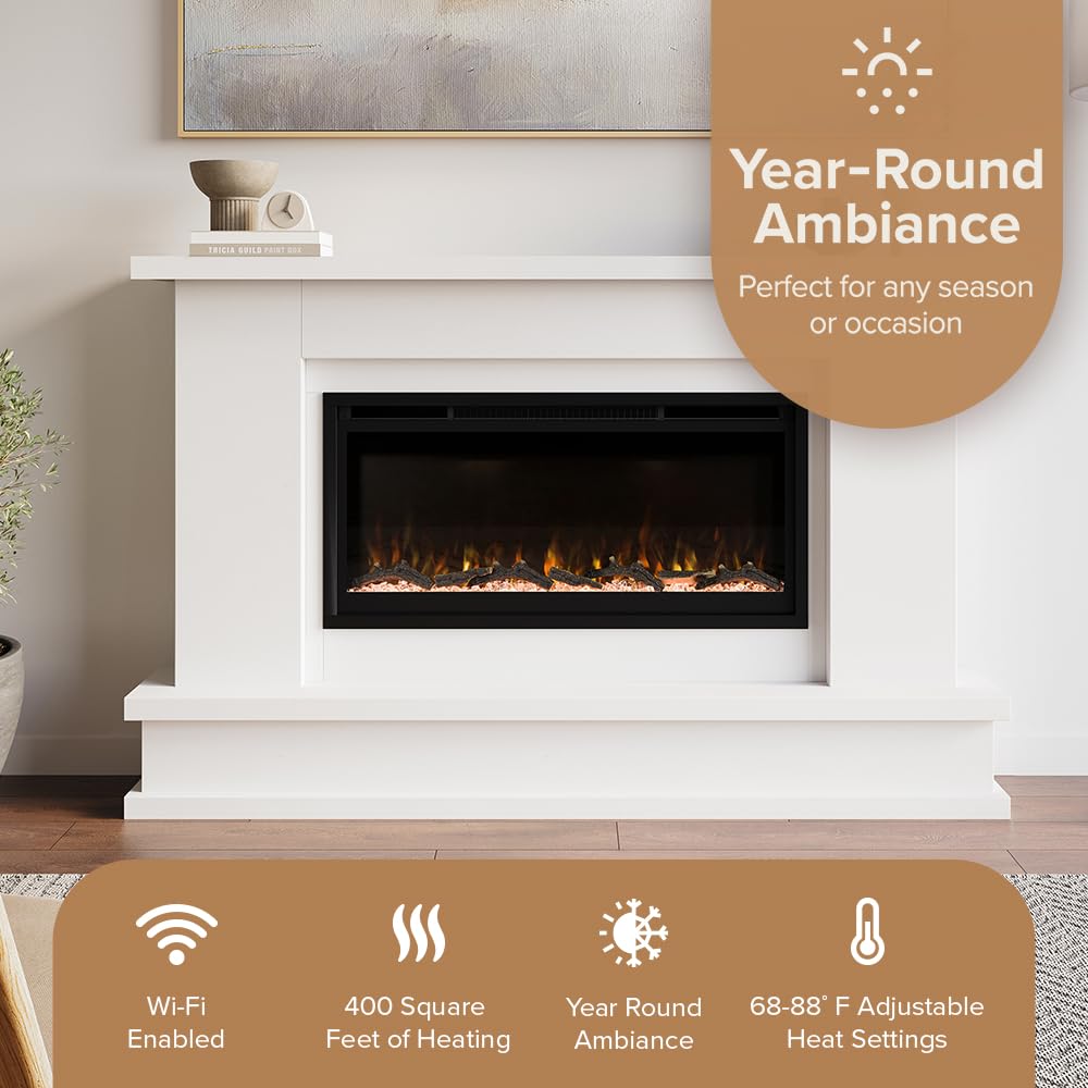 Modern Ember Patton White Mantel Package 64" W x 42" H with 42 Inch Electric Fireplace - 5 Flame Colors, 10 Ember Bed Colors, Log Kit & Crystal Embers | Alexa/WiFi Enabled