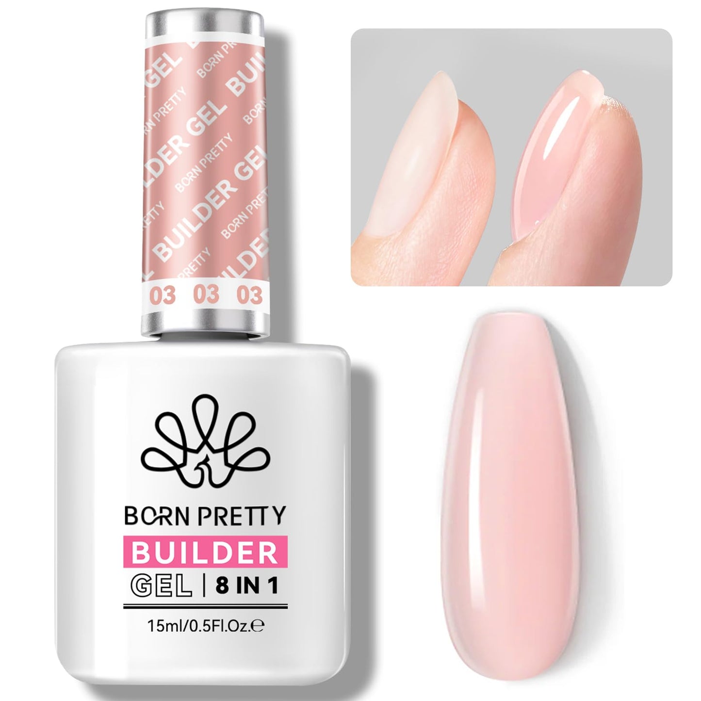 BORN PRETTY Builder Gel for Nails, 8-in-1 Extension Gel Strengthener Gel Hard Builder Nail Gel Base Top Gel, Pink Gel Builder Rhinestone Nail Glue Gel in A Bottle Nails 15ML
