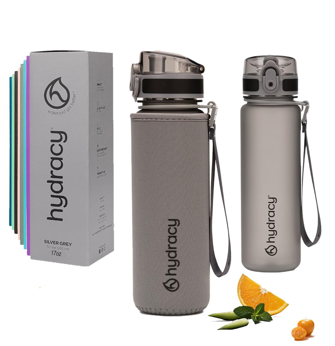 Hydracy Water Bottle with Time Marker - 500 ml 17 Oz BPA Free Water Bottle - Leak Proof & No Sweat Gym Bottle with Fruit Infuser Strainer - Ideal Gift for Fitness or Sports & Outdoors - Silver Grey