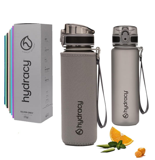 Hydracy Water Bottle with Time Marker - 500 ml 17 Oz BPA Free Water Bottle - Leak Proof & No Sweat Gym Bottle with Fruit Infuser Strainer - Ideal Gift for Fitness or Sports & Outdoors - Silver Grey