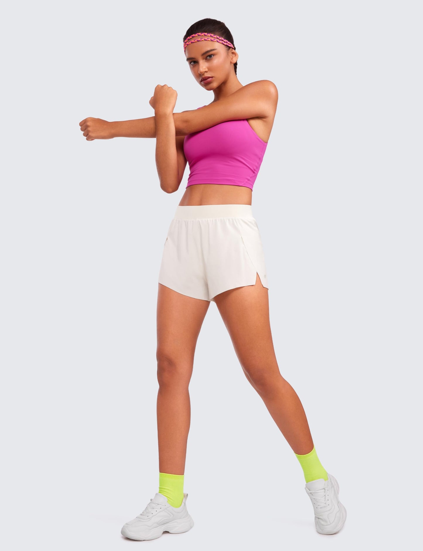 CRZ YOGA Running Shorts for Women High Waisted V Split Gym Workout Athletic Track Shorts with Mesh Liner Quick Dry Milky White (Bone) Medium