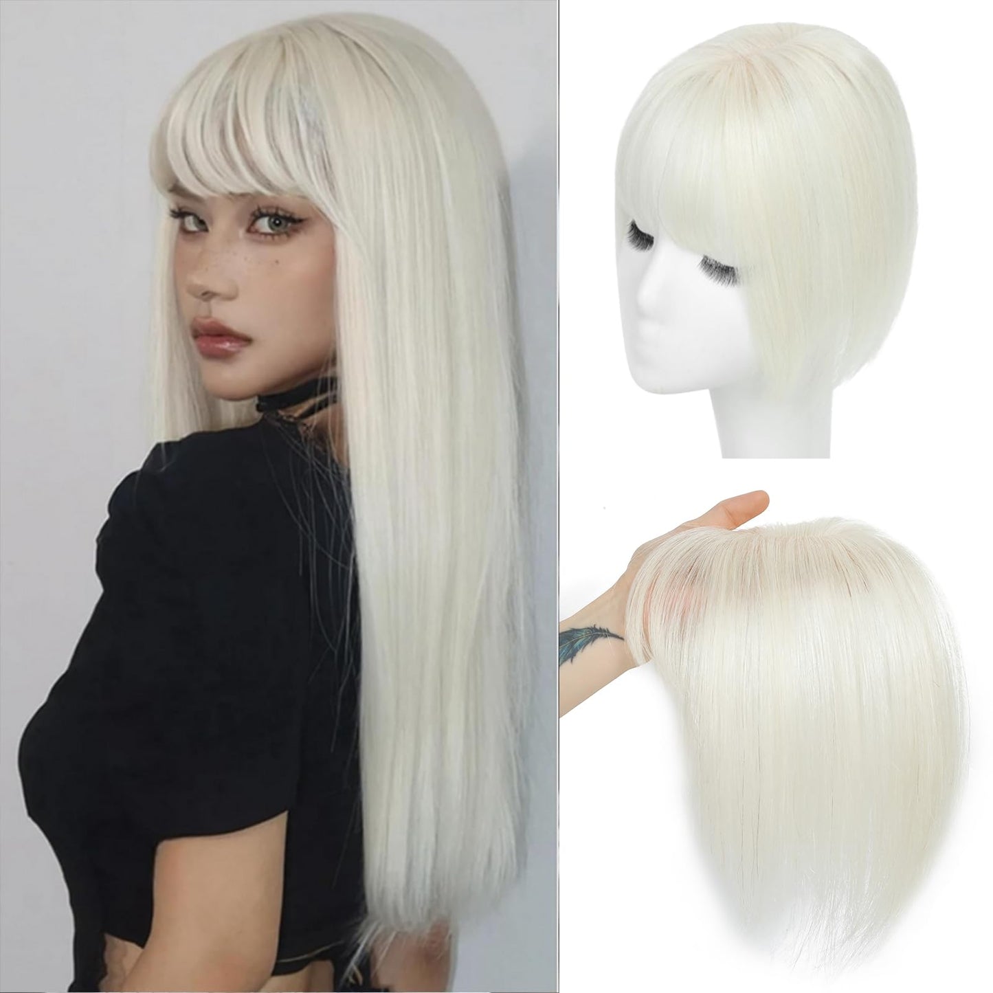 Amchoice Hair Toppers for Women Real Human Hair, Clip 360° 3D Cover, Human Toppers for Women Daily(60#, 3D Wispy Bangs (5 * 9))