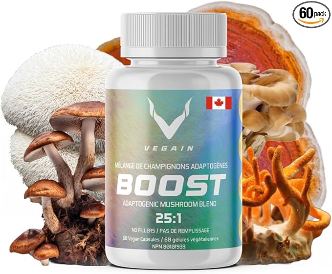 Boost Adaptogenic Mushroom Blend | 60 Servings, High Potency 25:1 Extract | Maitake, Shiitake, Reishi, Cordyceps, Lion's Mane - Supports Stress Reduction, Enhanced Endurance & Energy - 60 Vegan Caps