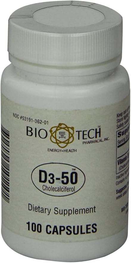 Bio-Tech Pharmacal D3-50 50,000 IU, 100 Capsules Ð All-Natural Supplement Ð Supports Bone, Heart Neuromuscular, & Immune Health Ð No Dairy, Fish, Gluten, Peanut, Shellfish, & Soy