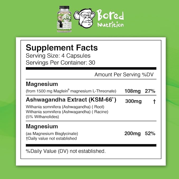 Bored Nutrition M2K: Magtein Magnesium L-threonate & Ashwagandha Supplement - 1500mg Magtein, 300mg KSM-66, Plus 200mg Magnesium