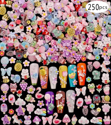 1 Pack of 250pcs Cute & Sweet 3D Nail Charms for Acrylic Nails, Perfect for Nail Art Decorations & DIY Accessories Crafts，Flower Bee Pineapple Bear Charms for Nail (#1-multi-color)