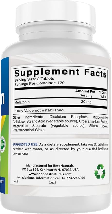 Best Naturals Melatonin 20mg 240 Tablets - Drug-Free Nighttime Sleep Aid - Non-GMO & Gluten Free