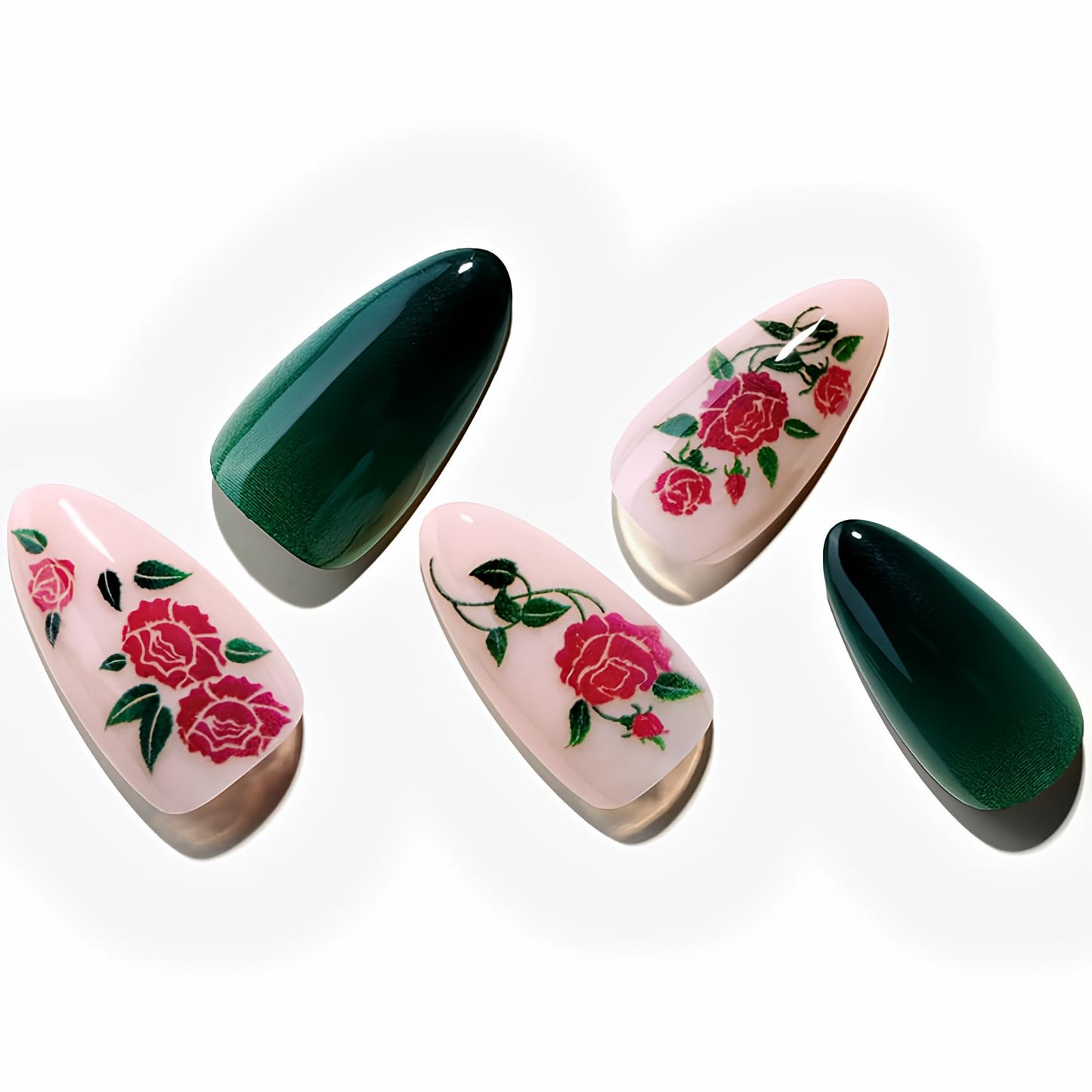 GLAMERMAID Deep Green Press on Nails Medium Almond, Rose Glossy Jelly Soft Gel Glue on Nails Stiletto, Autumn Flower Fern Fake Nails Short Oval, Reusable Acrylic Stick on False Nails Kit for Women