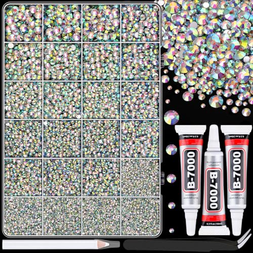 25000Pcs Resin Rhinestones with Tweezers for Crafting, AB 2-6mm Mixed Sizes Bedazzling Crystal with 3Pcs 10ml B7000 Jewelry Glue for DIY Crafts Clothing Tumblers Shoes Fabric Nail Art