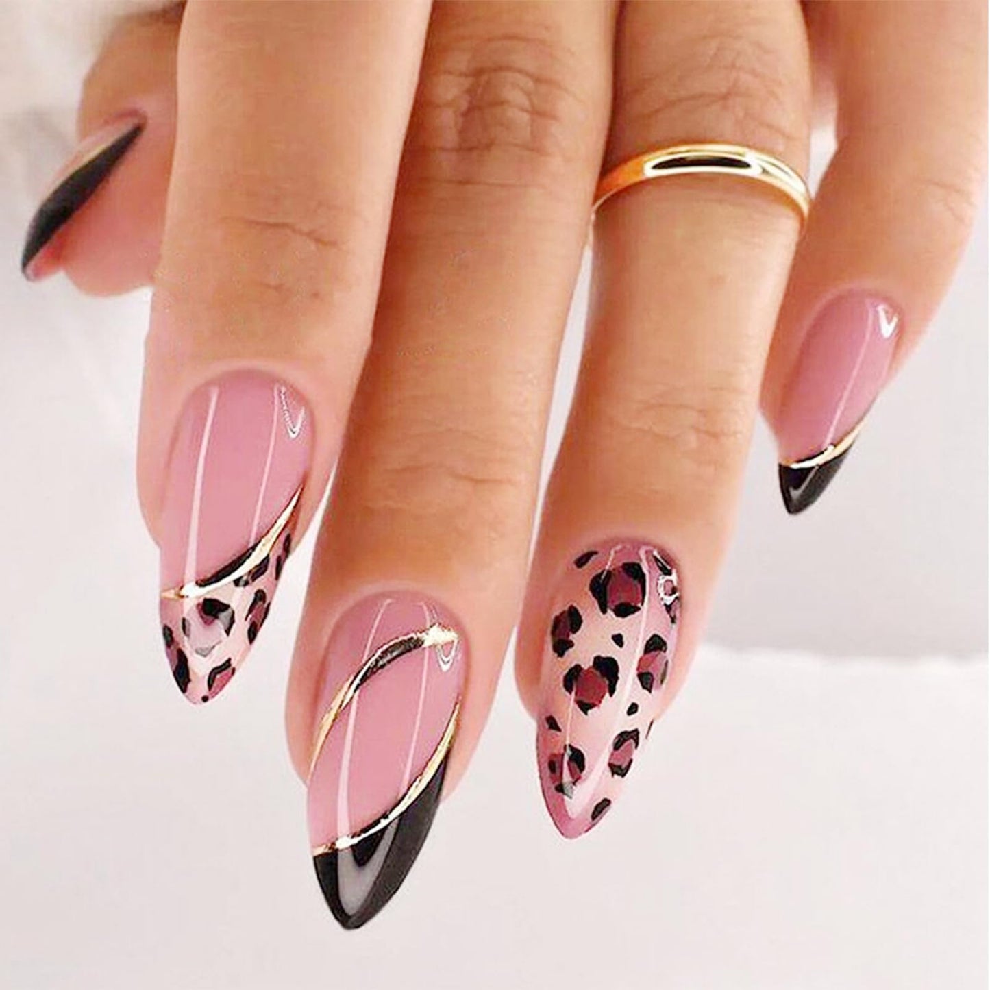 Alomnd Leopard Print False Nails - Press Ons with French Tip, Glossy Finish, 24pcs