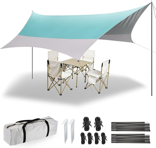 12X14FT Camping Tarp with 2 Poles, UV UPF50+ Lightweight Car Awning Sun Shelter, PU3000 Waterproof Tarp for Camping, Hiking and Backpacking Trips