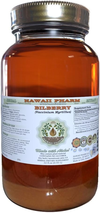 Bilberry Alcohol-Free Liquid Extract, Organic Bilberry (Vaccinium myrtillus) Dried Leaf Glycerite Hawaii Pharm Natural Herbal Supplement 32 oz Unfiltered