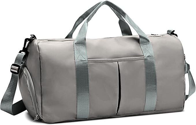 ZGWJ Sports Gym Bag with Wet Pocket & Shoes Compartment, Waterproof Shoulder Weekender Bag for Women and Men Swim Sports Travel Gym Bag Lightweight and easy Carry on Grey