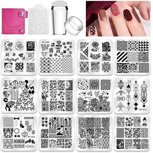 Biutee Nail Stamping Plates Set - 12pcs Templates, 8 Colors, Stamper, Scraper, Storage Bag - Animal & Flower Design Nail Art Plates