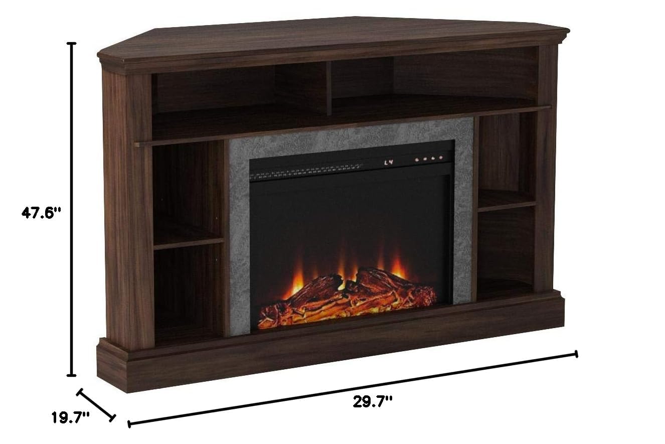 Ameriwood Home Overland Corner Fireplace TV Stand for TVs up to 50 Inch, Replaceable Electric Fireplace Insert Heater, Remote Control, Timer, Realistic Log and Flame Effect, Espresso