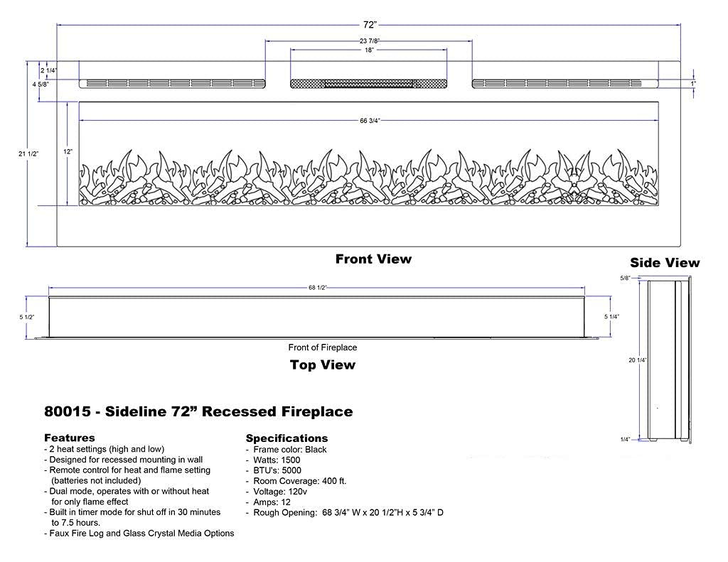 Touchstone Smart Electric Fireplace-The Sideline 72" Wide-in Wall Recessed - 30 Realistic Ember Color/Flame Options - 1,500W Heater w/Thermostat - Log & Crystal Hearth Options - Alexa/WiFi Enabled