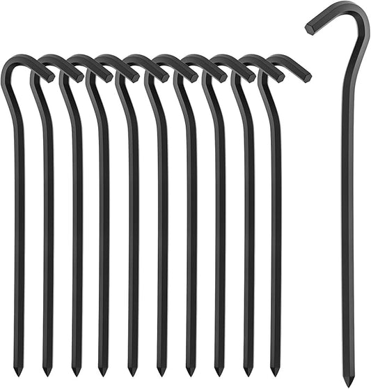 10Pcs Metal Tent Pegs with Hooks. 7 inches Durable Garden Stake Ground Anchors Awning Metal Hooks. Heavy Duty, Waterproof & rustproof. Ideal for Camping, Yard Decor, Picnic & tarp(Black)