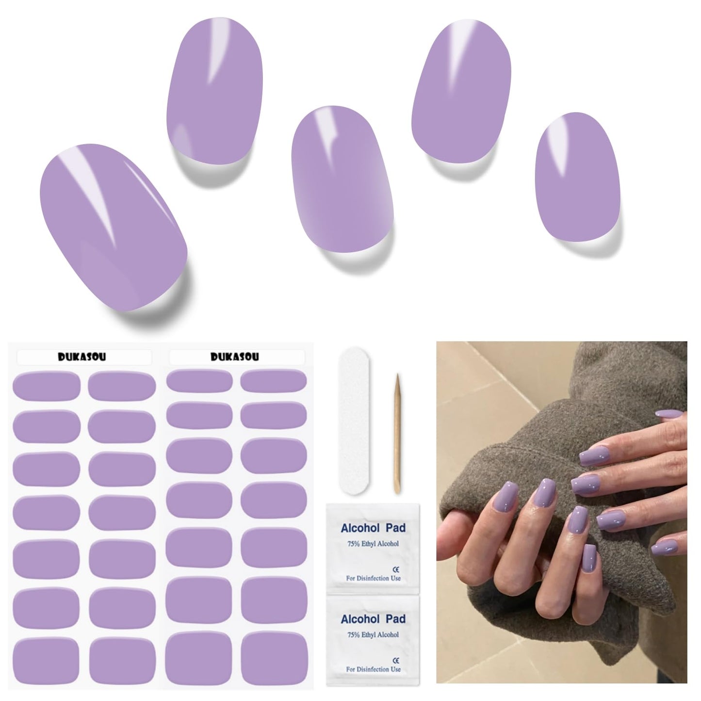 DUKASOU Semi Cured Gel Nail Strips, Light Purple 28 PCS Solid Color Gel Nail Strips Works with UV Light, Salon Quality Gel Nail Stickers Full Nail Wraps