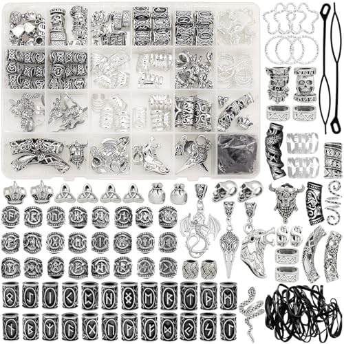 215 Pcs Viking Dreadlock Accessories Hair Charms Norse Runes Tube Beads Metal Clips Cuffs Rings Vikings Jewelry For Women Braid Accessories