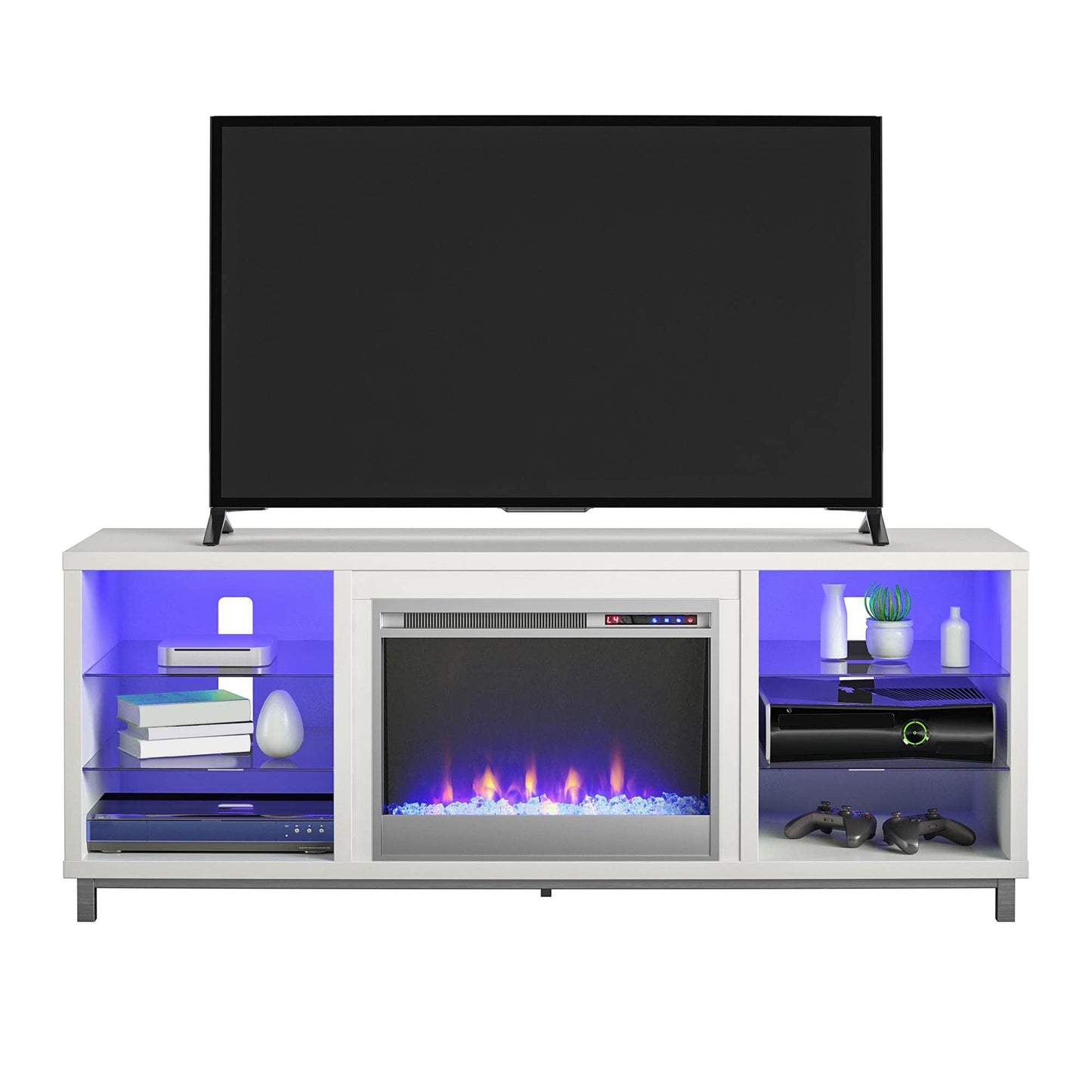 Ameriwood Home Lumina Fireplace TV Stand for TVs up to 70 Inch, Replaceable Electric Fireplace Insert Heater, Remote Control, Timer, Color Changing LED Lights, Crystal Ember Flames, White