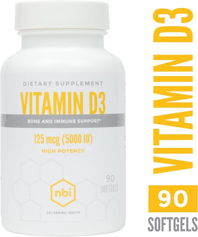 High Potency Vitamin D3 125 mcg (5000 IU) Softgels with Rosemary Extract Antioxidants | Bone, Immunity, Brain and Inflammation Balance Support | 90 Softgel Capsules