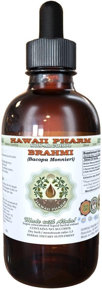 Brahmi Alcohol-Free Liquid Extract, Organic Brahmi Liquid (Bacopa Monnieri) Whole Herb Dried Glycerite Hawaii Pharm Natural Herbal Supplement 4 oz