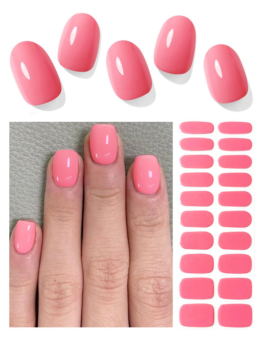 Semi Cured Gel Nail Strips, Coral Pink 20pcs Nail Sticker Wraps, UV Home DIY