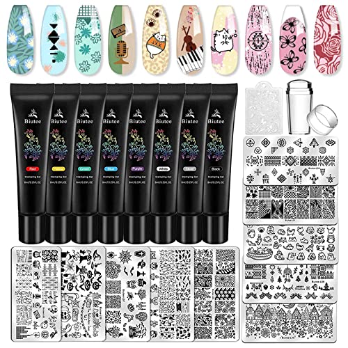 Biutee Nail Stamping Plates set 8 pcs Nail stamping polish gel 10pcs Templates with stamper Nail Art Plates set Valentine Nail Plates animal flower Rose design