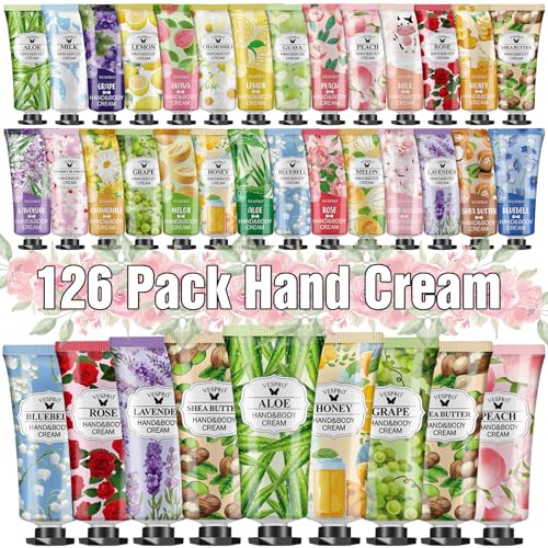 126 Pack Hand Cream Set for Women, Bulk Hand Lotion Travel Size for Dry Cracked Hands, Mini Hand Lotion for Bridal Shower Favors, Thank You Gifts, Employee Appreciation Gifts and Birthday Gifts