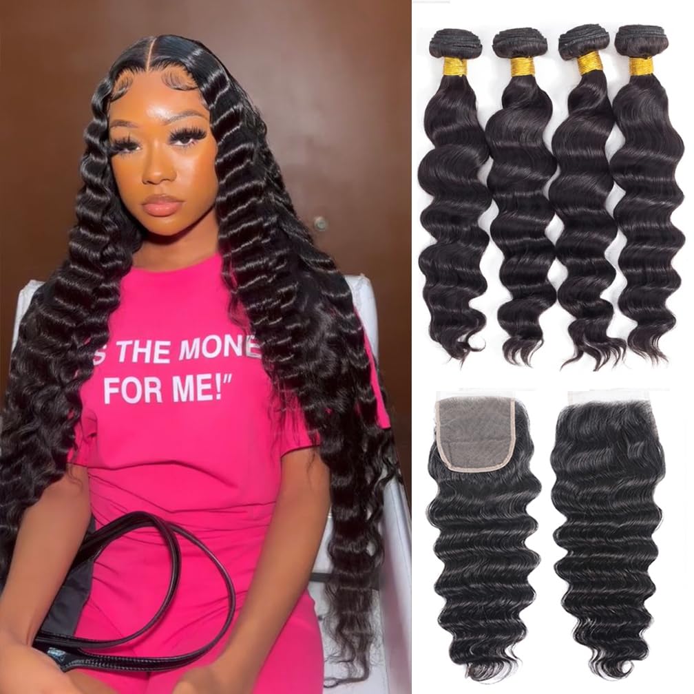 Borchan Loose Deep Wave 4 Bundles With Closure(22 24 26 28 +20,Free Part)100% Unprocessed Virgin Remy Loose Deep Wave Human Hair
