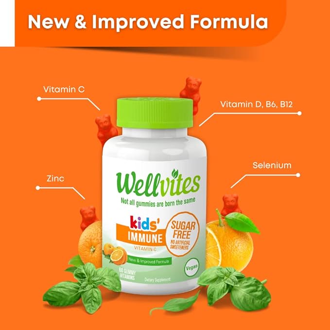 Sugar Free Kids Immune Daily Gummy Vitamins - Vegan, Non-GMO - Vitamin C Gummies for Kids Immune Support, No Artificial Sweeteners, Gluten-Free, Gelatin-Free, 60 Count (30 Day Supply)