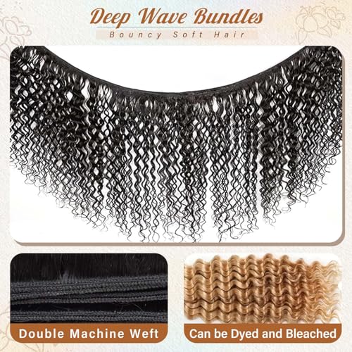 12A Deep Wave Human Hair Bundles 22 24 26 Inch Brazilian Virgin Depp Weave Curly Bundles Human Hair 3 Pcs 100% Unprocessed Virgin Remy Hair Natural Black Water Wave Human Hair Extensions
