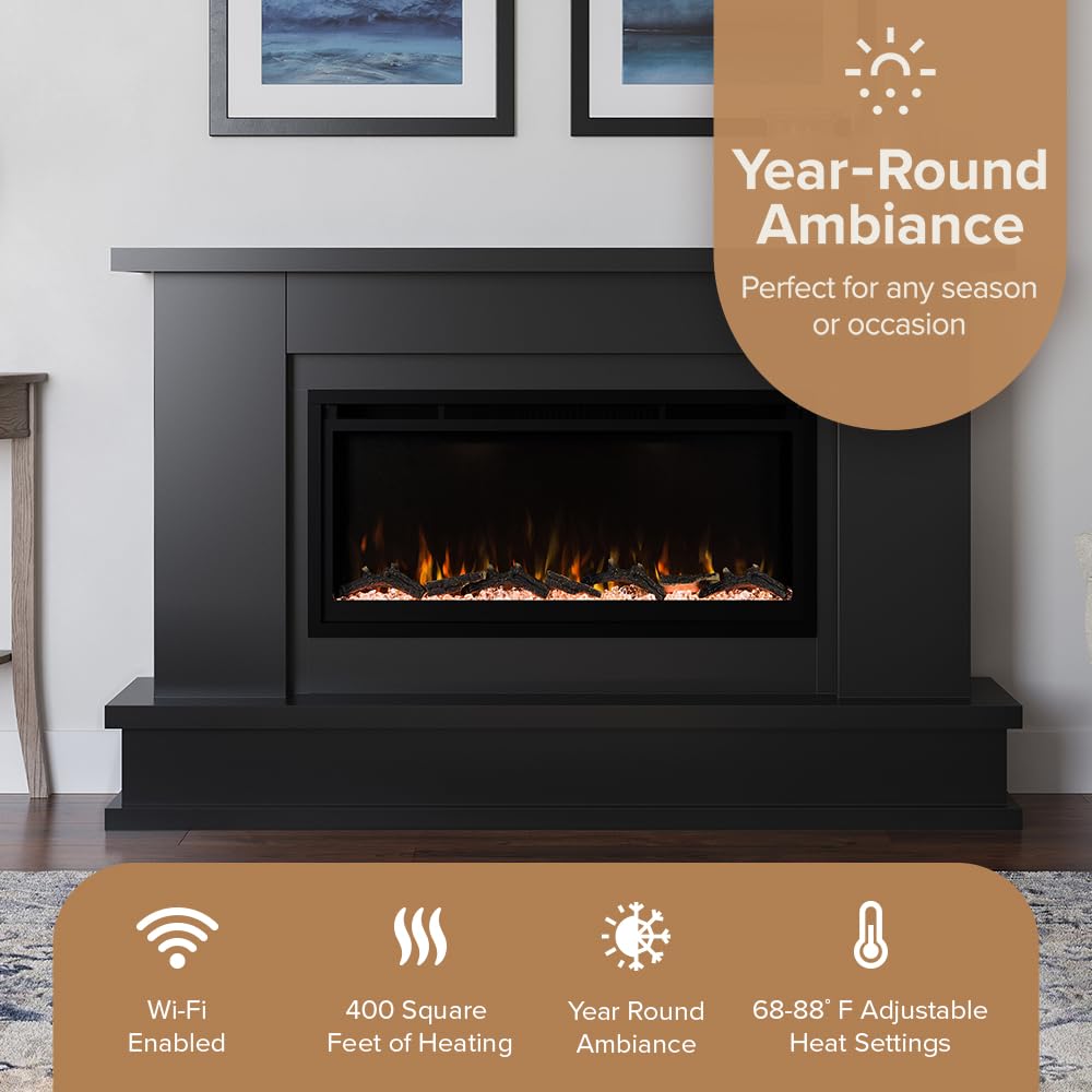 Modern Ember Patton Black Mantel Package 64" W x 42" H with 42 Inch Electric Fireplace - 5 Flame Colors, 10 Ember Bed Colors, Log Kit & Crystal Embers | Alexa/WiFi Enabled