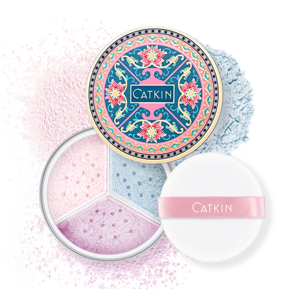 CATKIN Poreless Finish Loose Setting Powder Makeup, Translucent Matte Finishing Makeup for All Skin Tones, 3 Colors Even Skin Tone – 0.42 oz Includes Velour Puff C03 Shimmer