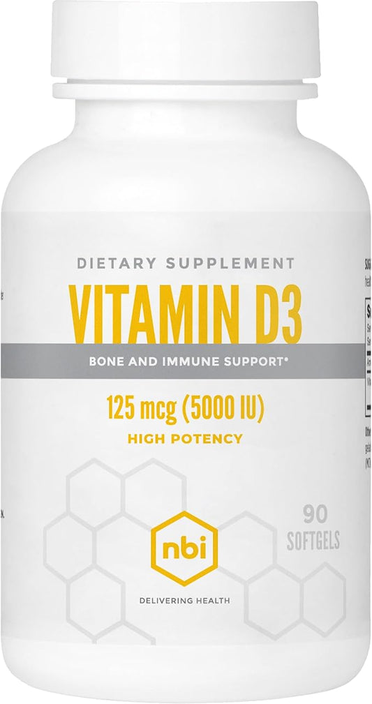 High Potency Vitamin D3 125 mcg (5000 IU) Softgels with Rosemary Extract Antioxidants | Bone, Immunity, Brain and Inflammation Balance Support | 90 Softgel Capsules