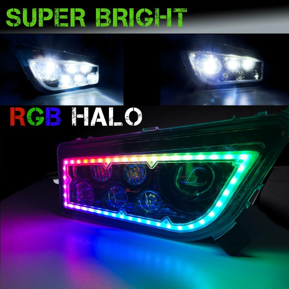 SLK Lights 2024 Improved RZR LED Headlight RGB Halo Compatible With Polaris General, RZR 900s, Razor 1000 XP Turbo (Fits: 2014-2024) (Chrome RGB Halo)