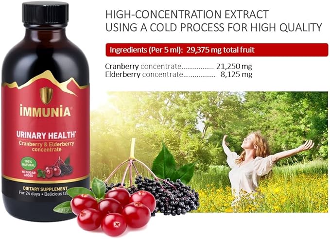 Immunia Urinary Health. Cranberry & Elderberry Concentrate for The Prevention of Urinary Infections. Natural. Delicious. 5 ml/Day. (1-Pack)