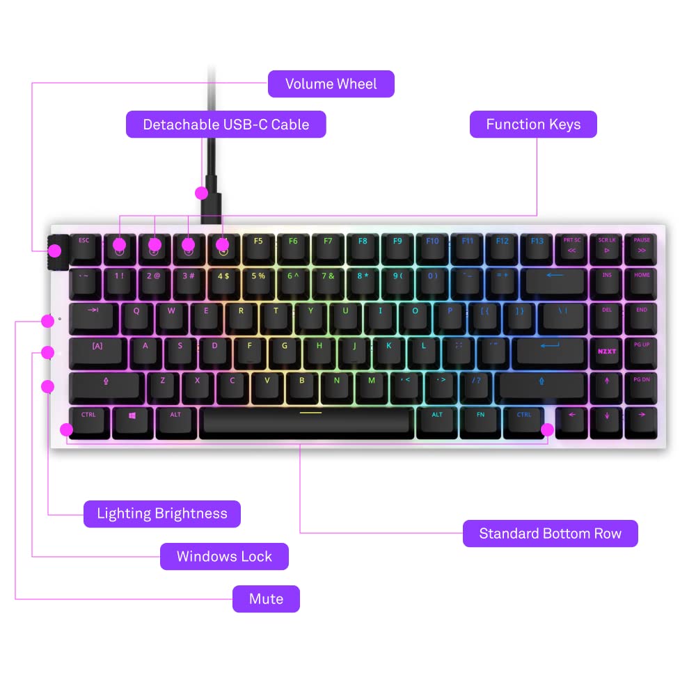 NZXT Function MiniTKL Wired Mechanical Gaming Keyboard - Mechanical Switches - Aluminum Top Plate - Low Profil Keycaps - RGB - Hot-Swappable - White