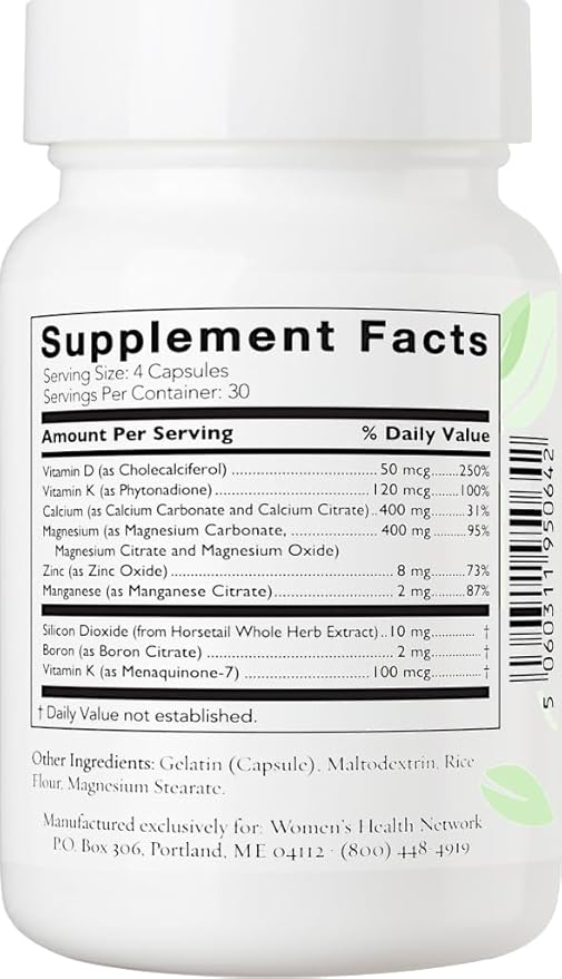Better Bones Basics by Women's Health Network - Calcium, Magnesium, Zinc, Vitamin D, Vitamin K, Manganese, and Boron - 120 Capsules