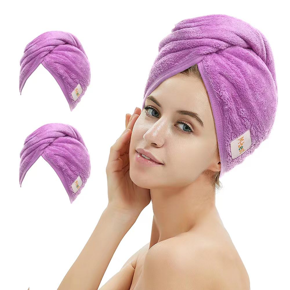M-bestl 2 Pack Microfiber Hair Towel Wrap,Hair Drying Towel with Button,Absorbent Head Towel to Dry Hair Quickly (Purple)