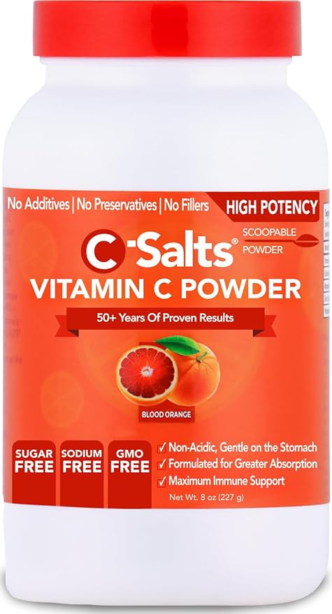 C-Salts Original Vitamin C Powder Supplement - 100% Pure High Dose Buffered Vitamin C Powder for Immune Support - Sugar-Free Powdered Drink Ascorbate, Organic, Stomach-Friendly, Blood Orange 8oz
