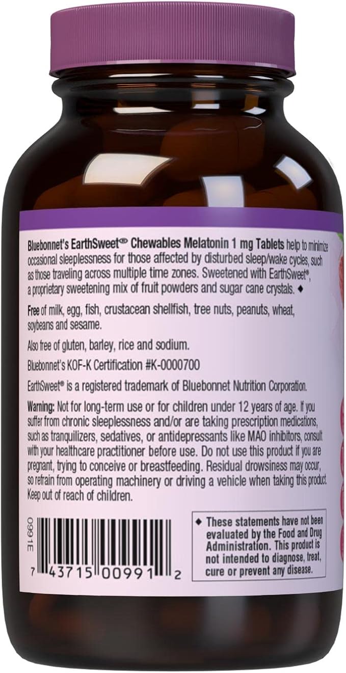 Bluebonnet Nutrition EarthSweet Melatonin 1 mg Fast-Acting Quick Dissolve Nighttime Relaxation & Restful Sleep Support - Sleep Aid - Gluten-Free, Vegan - Raspberry Flavor - 120 Chewable Tablets