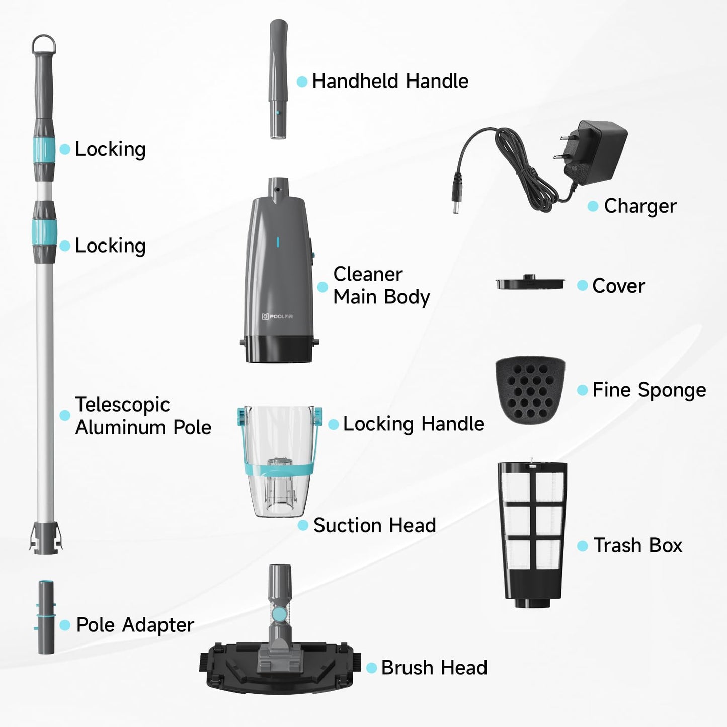 PoolMr Cordless Handheld Pool Vacuum, Rechargeable Pool Cleaner with 16 Gal/Min Suction, 60 Min Runtime, Dual-Phase Cleaning System, Ideal for Above Ground Pools, Spas, Hot Tubs, Teal (2025 Version)