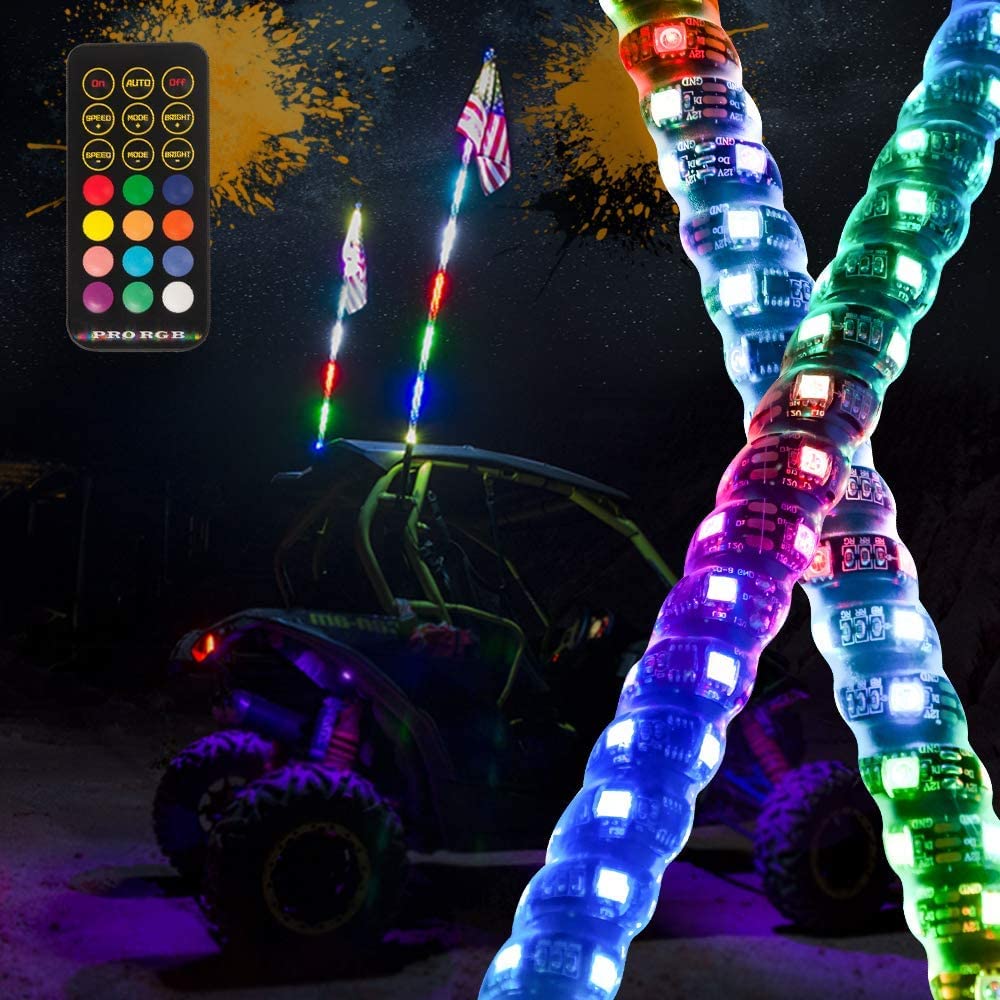 MAXHAWK 2X 5ft LED Whip Light 360° Spiral Chasing/Dancing Lighted Antenna RGB LED Whips with Flag for UTV ATV Off Road Truck Sand Buggy Dune Quad 4X4 Boat